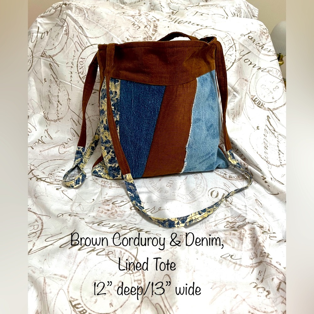 Brown Corduroy & Denim Tote, lined, 12” deep x 13” wide